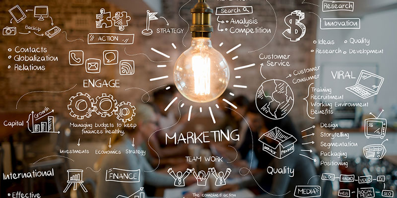 Diagram of advertising trends set around a lightbulb; marketing brainstorming.