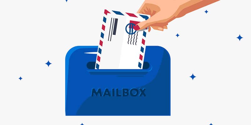 Graphic of person putting envelope from direct mail campaigns into a blue mailbox.